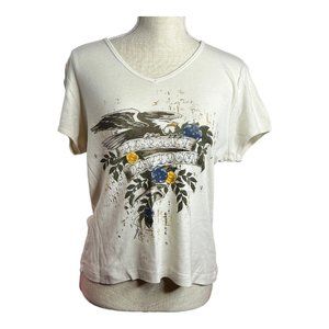 Womens Harley Davidson XL Cream Knit V Neck Shirt Eagle‎ Roses Gold Made In USA
